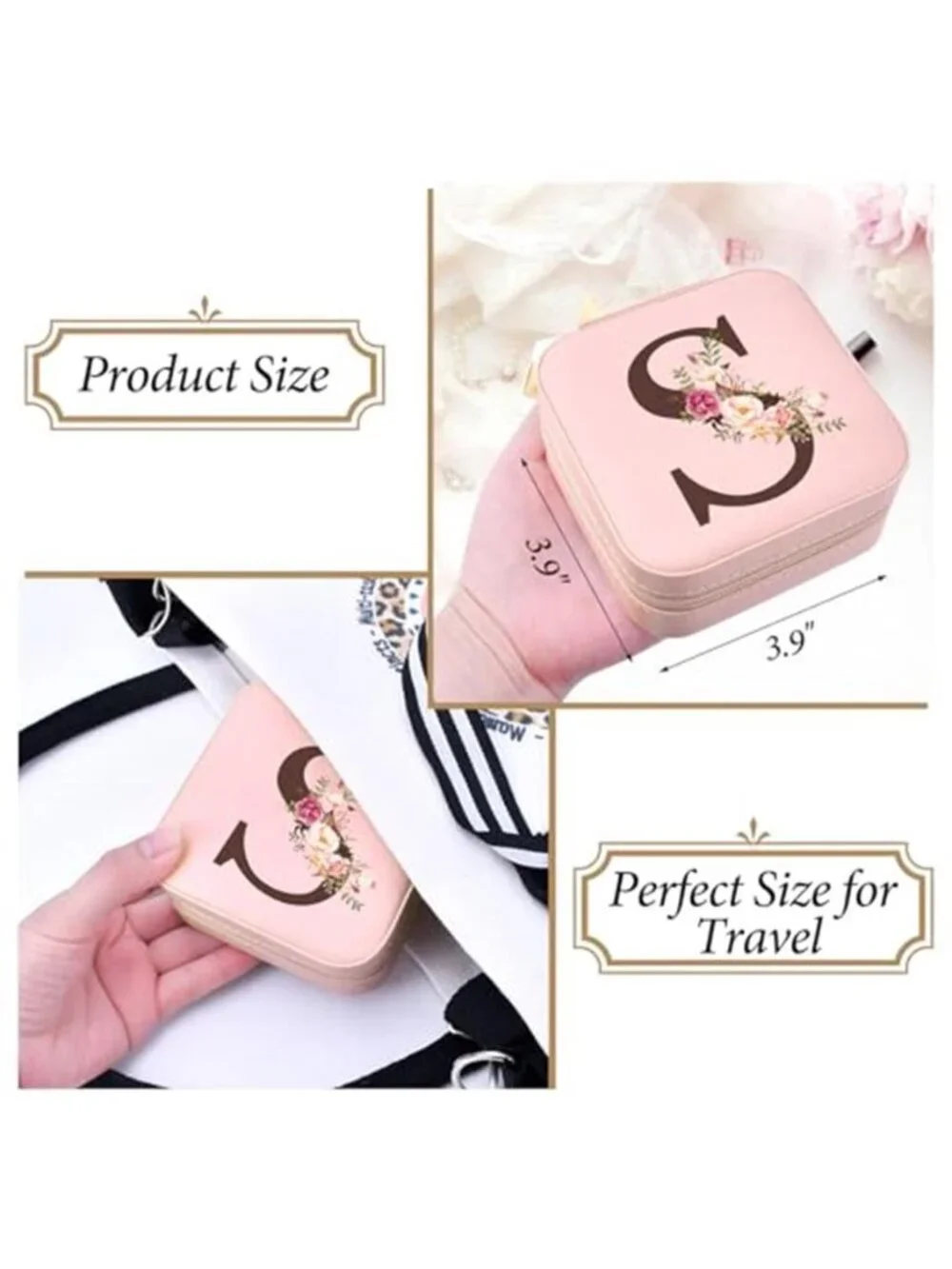Initial S Travel Jewelry Case Box Organizer Pink Personalized Gift for Women Mom